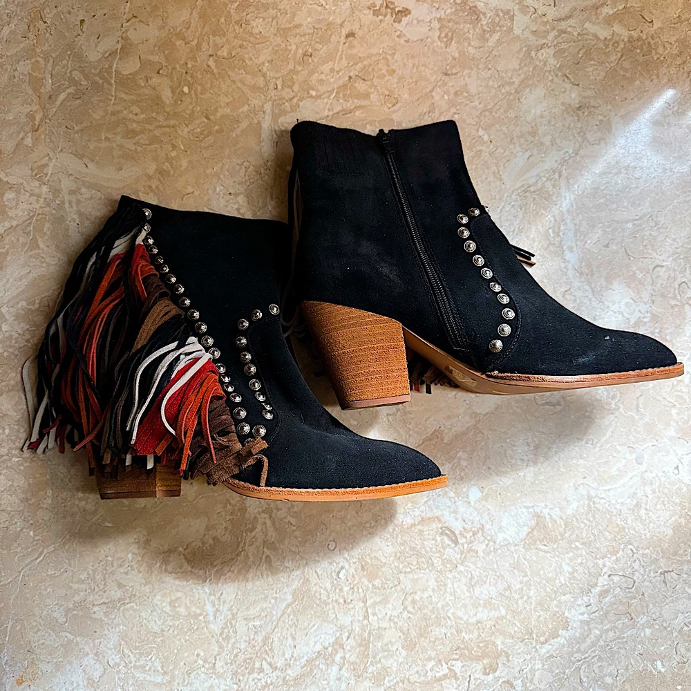 Jeffrey Campbell Free People Ankle Cowboy Boots Fringe & Silver Grommets 9.5
